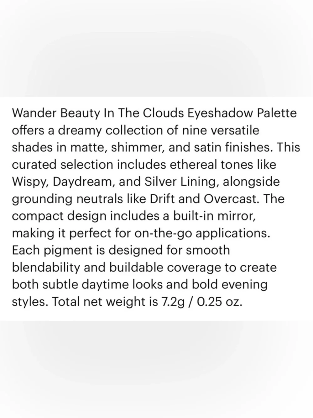 Wander Beauty In‎ The Clouds Eyeshadow Palette 9 Shades Mattes Shimmers Glitters